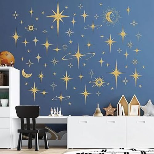 Gold Shooting Star Moon Wall Decals, Peel and Stick Removable DIY Night Sky Wall Stickers for Kids Nursery Party Bedroom Living Room Playroom
