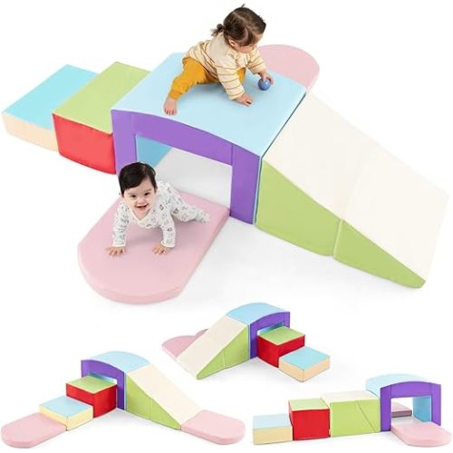 Olakids Climbing Toys for Toddlers, 7 Pieces Indoor Baby Foam Blocks Soft Play Set with PU Leather, Kids Climb and Crawl Sliding Activity Structure Gym Playground Climber