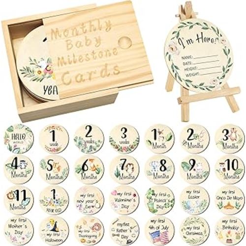 Wesiti 31 Pcs Baby Monthly Milestone Sign Wooden Set Double Sided Hello World Milestone Cards Pregnancy Journey Birth Announcement Props for Baby Boy Girl (Vivid)