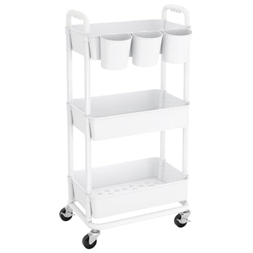 JIUYOTREE 3-Tier Plastic Rolling Storage Cart Utility Cart with Extra Hanging Cups Handles Lockable Wheels for Living Room Bathroom Kitchen Office White | Utility Cart with Extra Hanging Cups Arc-Shaped Handles Lockable Wheels for Living Room Bathroom ...