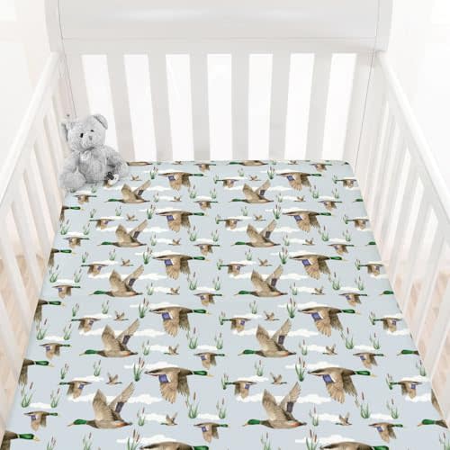 HawSkgFub Duck Hunting Mallard Hunter Fitted Standard Crib Sheet for Baby Boy, Wild Animal Bird Reeds Blue Toddler Mattress Cover, Soft Breathable Stretchy Nursery Bed Sheets Decor Kids Gift 52" x 28"