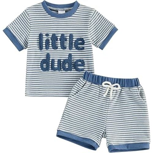 Baby Boy Summer Clothes Mamas Boy Embroidered Waffle Knit Short Sleeve T-Shirt Shorts Set Toddler Striped Outfit