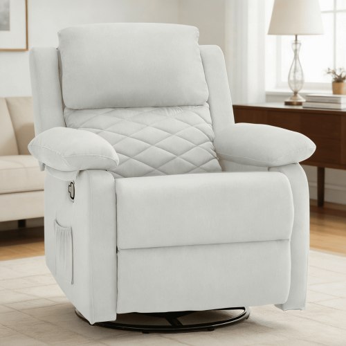 Amopatio, 360 Swivel Rocker Small Recliner Chair, White, Linen