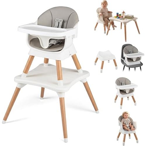 HONEY JOY 9-in-1 Baby High Chair, Convertible Wood Highchair for Babies and Toddlers/Dining Booster Seat/Table & Chair Set, Toddler Stool w/5-Point Safety Harness, Removable Cushion & Tray (Gray)