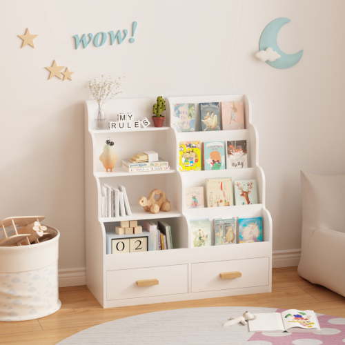 Noble House Kids Front-Facing Bookshelf, Children's Reading Shelf with Storage Drawers and Toy Organizer, White