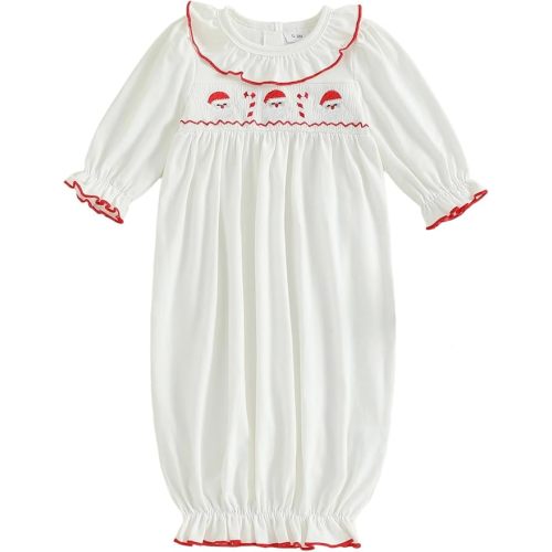 Sasaerucure Newborn Baby Girl Boy Christmas Outfit Santa Claus Sleepwear Smocked Long Sleeve Nightgown Pajama Sleeper