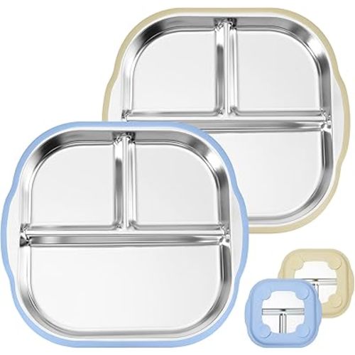 Stainless Steel Kids Plates with Suction, 9.4"X 9” Divided Baby Toddler Plates with Removable Silicone Sleeves, Non-Slip Toddler Plate Unbreakable Metal Toddler Bowls Dinnerware Set of 2 (Blue, Beige)