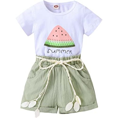 Aimaopao Toddler Baby Girls Summer Clothes Watermelon Print T-shirt Linen Short Sets With Belt Outfits for 1-5 Years Old
