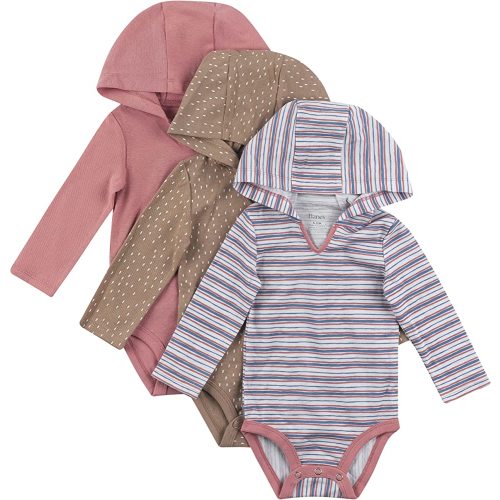 Hanes Unisex Baby Bodysuits, Ultimate Flexy Hoodie Long Sleeve Babies And Toddlers, 3-pack, Dusty Pink/Tans, 0-6 Months US