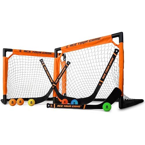 Shinny Hockey Set - Complete 4-Player Indoor/Outdoor Kit - Knee Hockey Goal Set (2) Goals, (2) Mini Sticks, and (6) Foam Balls - Mini Hockey Set
