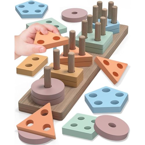 Montessori Toys for 1 2 3 Year Old Boy Girl, Toys for Ages 2-4 Toddlers Kids Baby, 1 2 Year Old Birthday Gifts, Wooden Learning Puzzles Easter Basket Stuffers Toys for Toddlers 1-3