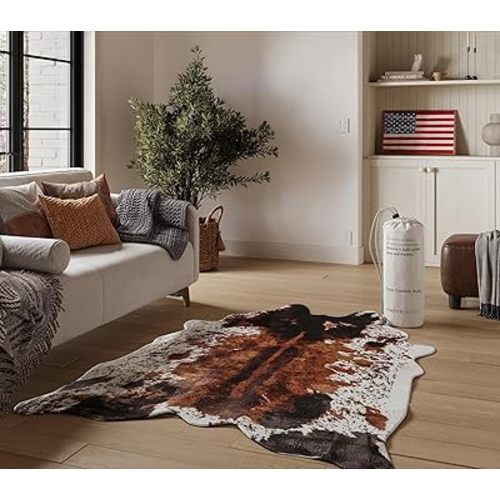 NativeSkins Faux Cowhide Rug 4'7" x 6'7" – Brown Cow Print Area Rug for Living Room & Bedroom – Non-Shedding, Flat-Lay, Pet-Friendly – Faux Suede Grip Backing – Vegan Western Farmhouse Decor