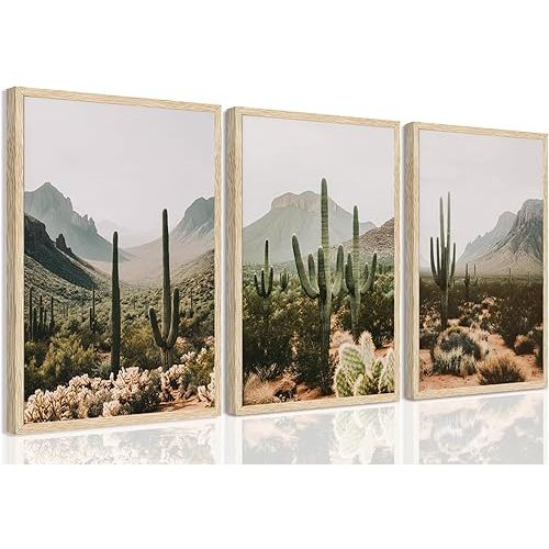 YUFEIART 3 Piece Green Cactus Arizona Framed Wall Art Sonoran Desert Wall Art Mexican Pictures Wall Decor Desert Cactus Landscape Art Print for Living Room Bathroom Bedroom 12"x16"