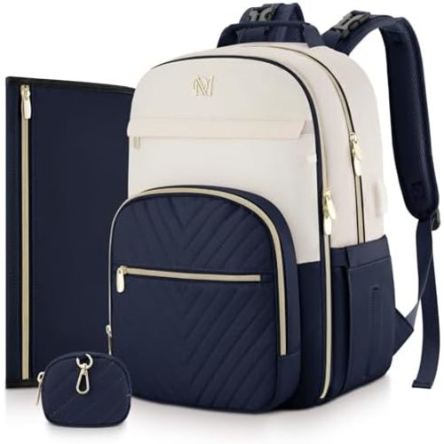 MOMUVO Diaper Bag Backpack, Quilted Baby Bag with Changing Pad & Stroller Straps & Pacifier Case, Large Travel Diaper Bags for Mom Dad, Blue Beige