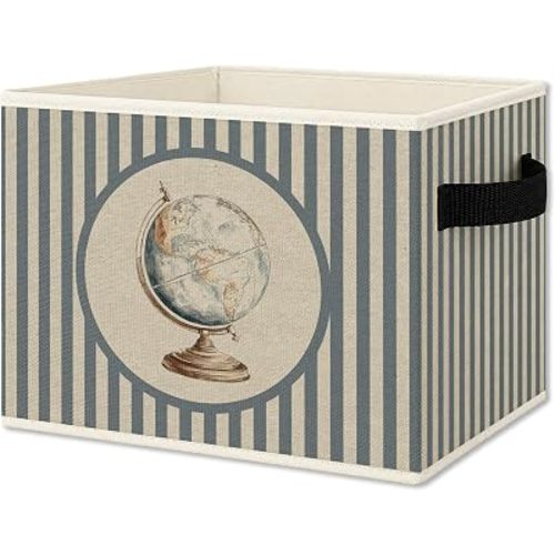 Vintage Globe Nursery Foldable Storage Bins Box with Handles, Blue Striped Globe Classroom Collapsible Organizer Basket for Boys Kids Bedroom Bathroom Playroom Clothes Books