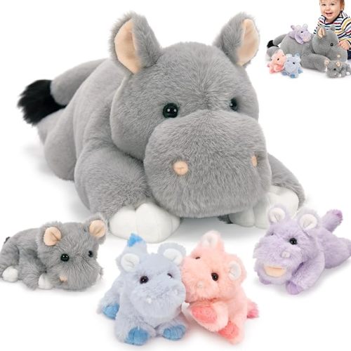 Tezituor 5Pcs Hippo Stuffed Animals Set, 16'' Large Stuffed Hippo Plush with 4 Cute Babies, Soft Hippopotamus Plush Pillow for Boys Girls