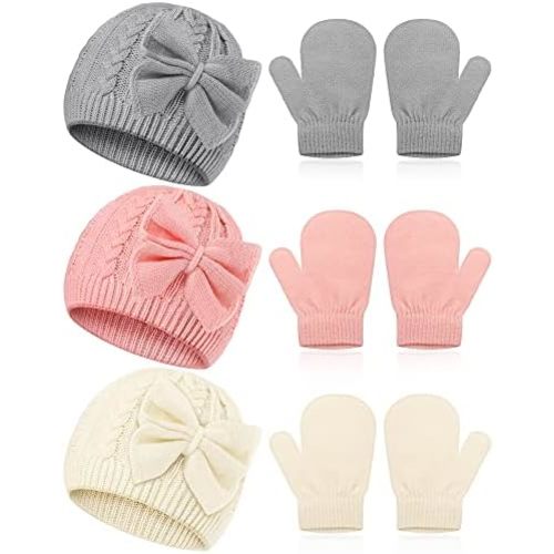 SATINIOR 3 Set Toddler Hat Glove Set, Kids Winter Hats Warm Knitted Beanie Mittens Gloves with Bow for Baby Girls Boys 0-6Y