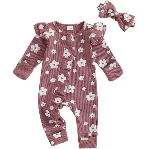 allshope Romper Floral Print Long Sleeve Waffle Onesie, 0-3M