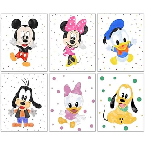 BigWig Prints Mickey And Minnie Prints - Minnie Mouse Wall Art, Mickey Mouse Wall Decor, Pictures for Kids Room, Donald & Daisy Duck Posters, Goofy, Pluto - Unframed Set of 6 (8x10)