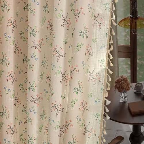 Amazon.com: ENJOYBRIDAL Floral Living Room Curtains 84 Inches Long Doorway Vintage Semi Sheer Drapes Farmhouse Nursery Bohemian Window Curtain Panels with Tassel Beige Rod Pocket Bedroom Drapes, 1 Panel