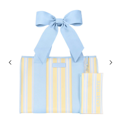 Jelly Tote - Cabana stripe with bow used as diaper bag