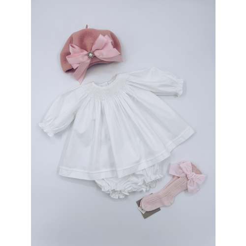 Beautiful White long sleeves Hand Smoked dress and bloomers 2 piece set.