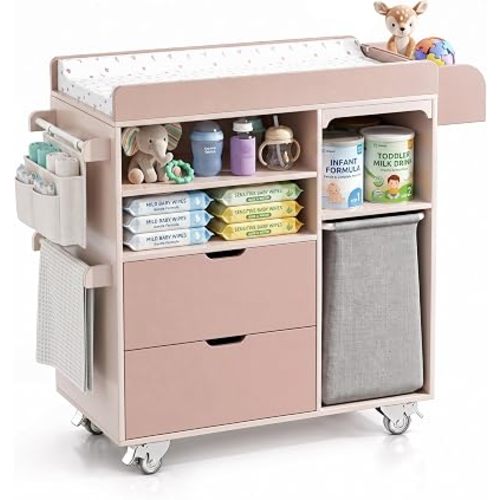Baby Changing Table, Solid Wood, Drawers & Storage, Rolling, Waterproof Pad
