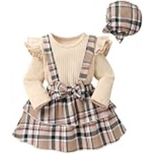 Infant Baby Girl Fall Outfit Romper and Layered Dress with Hat | Ruffle Sleeve Ribbed Romper,Suspender Skirt,Autumn/Winter Clothes Set,Thanksgiving Baby Girl Clothes