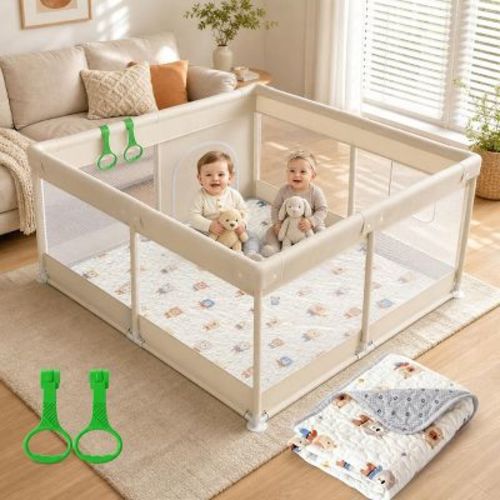 Fodoss Baby Playpen 47x47 Inch, Indoor Outdoor Baby Play Yard with Breathable Mesh, Anti-Fall Safety Fence for Toddlers (yellow-set)