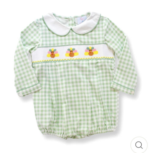 Green Gingham Turkey Smocked Boy Bubble