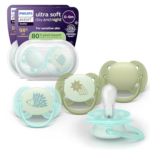 Philips Avent Ultra Soft Day & Night Pacifiers - for Babies 0-6 Months, Glow in the Dark, Symmetrical Silicone Nipple, BPA-Free, Sterilizing Cases, 4 Pack, SCF094/09