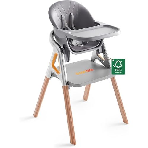 CoziBB Baby High Chair, 6-in-1 Convertible Growing Baby High Chair for Infants and Toddlers with Adjustable Plates and Seats, 5-Point Seat, Grey