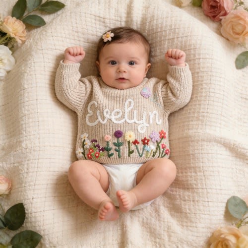 Embroidered Wildflower Sweater, Floral Embroidered Sweatshirt, Personalized Baby Shower Gifts, Custom newborn  Name Outfit