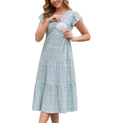 GINKANA Women's Maternity Nursing Dress Flutter Short Sleeve Breastfeeding Clothes Summer Beach Sundresses,Little Daisy,M