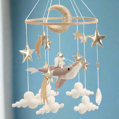 🌙 Space Whale Baby Mobile – Nautical Nursery Decor with Stars, Moon & Clouds