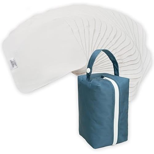 Nora's Nursery Reusable Baby Wipes, 100% Cotton Washcloths, Soft and Absorbent Towels for Newborn Bath and Face, Includes 20 Wipes with 1 Waterproof Pod for On-The-Go Moms, Sea