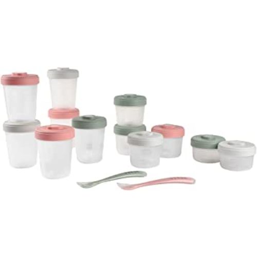 Beaba Clip Containers Set of 12 + 2 Spoons, Baby Food Storage Containers, Food Storage Containers with Lid, Baby Food + Toddler Snack Containers (Eucalyptus)