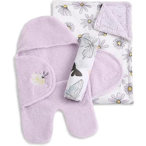 Evolur Secret Garden 3 pc Gift Set - Sherpa Sack Wrap, Rayon Derived from Bamboo Muslin Wrap & Velour Blanket, Soft and Breathable, for Newborns, Infants 0-3 Months