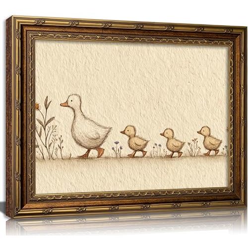 Vintage Gold Framed Nursery Duck Canvas Wall Art,Farmhouse Funny Whimsical Animal Painting Picture Wall Decor,Rustic Cute Mother Duck and Ducklings Poster Print Artwork,for Girls Children Room,