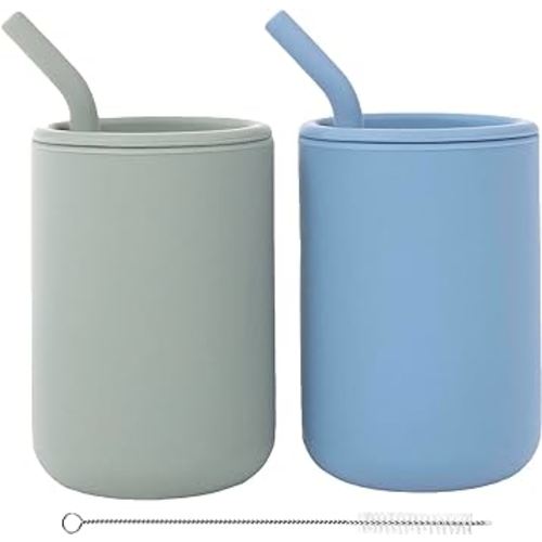 WeeSprout Silicone Baby Cups With Straws and Lids, 4 & 8 oz Options, Set of 2, Food Grade Toddler Training Container, Built In Straw Stoppers, Measurement Markings, Dishwasher Safe + Straw Cleaner