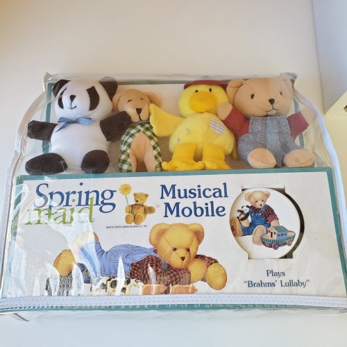 Crib Musical Mobile Blue Jean Teddy Bear Brahms' Lullaby Springmaid NEW Rare