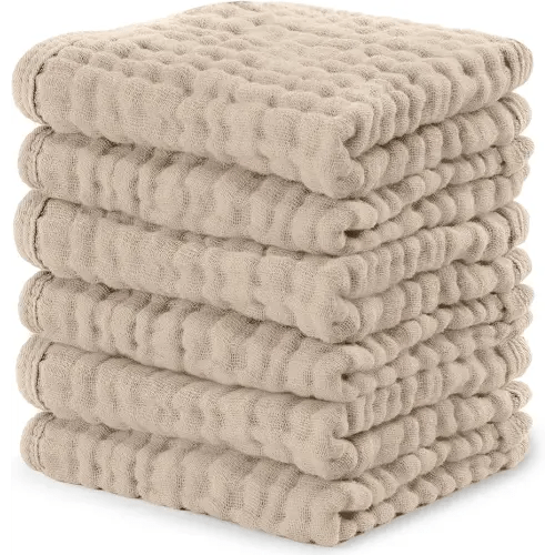 Comfy Cubs Muslin Baby Washcloths 6 Pack - Soft 6-Layer Cotton Wash Cloths for Sensitive Skin - 10"x10" Large, Gentle, Absorbent Infant Essentials for Newborn and Toddlers - Sand