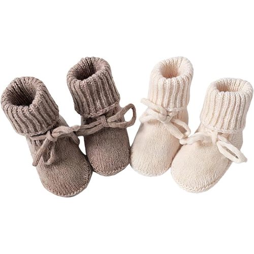 Baby Booties 100% Wool Soft Sole Shoes for Newborn Infant Boys Girls Unisex 0-12 Months White & Khaki 2 Pairs Set (3M 6M 9M 12M)