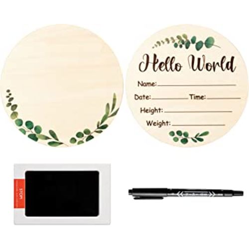 R HORSE Baby Birth Announcement Sign with Marker Pen, Greenery Eucalyptus Baby Name Sign with Ink Pad for Hand and Footprints, Wooden Hello World Newborn Announcement Nursery Decor Keepsake Gifts