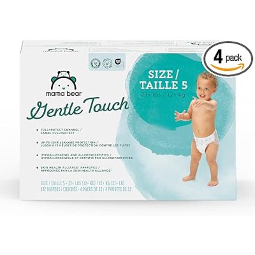 Amazon Brand - Mama Bear Gentle Touch Baby Diapers, Size 5, 27+ lb, Leak Protection, 12 Hours Protection, Wetness Indicator, Hypoallergenic, 132 Count (4 packs of 33)