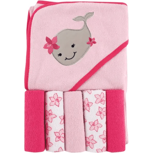 Luvable Friends Unisex Baby Hooded Towel with Five Washcloths, Girly Whale, One Size