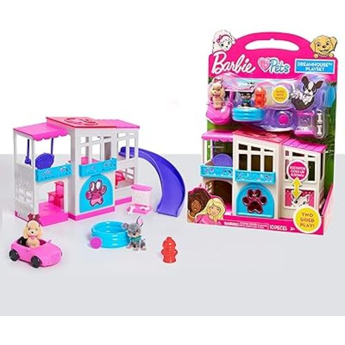 Barbie Pet Dreamhouse 2-Sided Playset, 10-pieces Include Pets and Accessories, Kids Toys for Ages 3 Up by Just Play