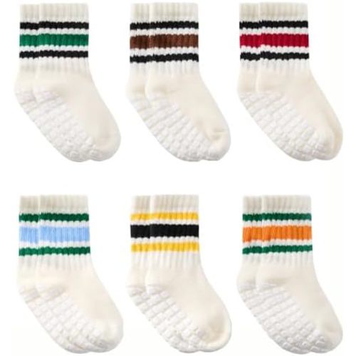VWU Baby Toddler Infant Cotton Ankle Stripe Socks with Grips 6 Pack