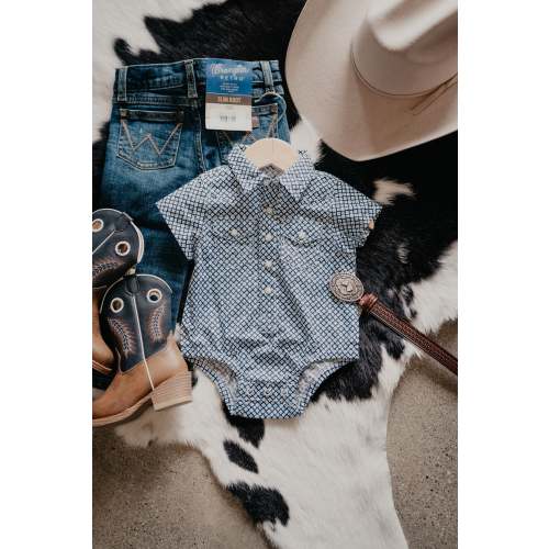 'Georgie' Wrangler Baby Boy Blue Geometric Short Sleeve Onesie (0-3M-24M)