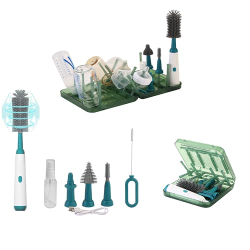 WHNL Portable Electric Bottle Brush Cleaner and Drying Rack Set, Foldable Bottle Drying Rack with 16 Ribs, Automatic Bottle Cleaner Brush Help Thorough Cleaning of Baby Bottles and Breast Pumps,Green